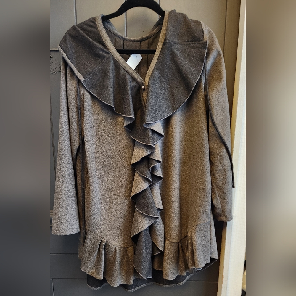 Samuel Dong Ruffle Front Gray and Black Fleece Coat